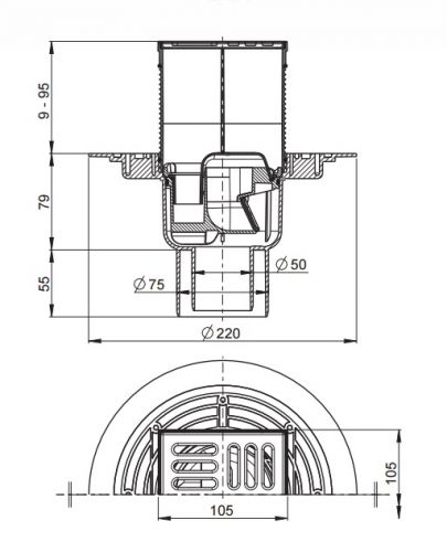 APV2321 Сливной трап 105 × 105/50/75, подводка – прямая, решетка – нержавеющая сталь, гидрозатвор Alca Plast в Абинске